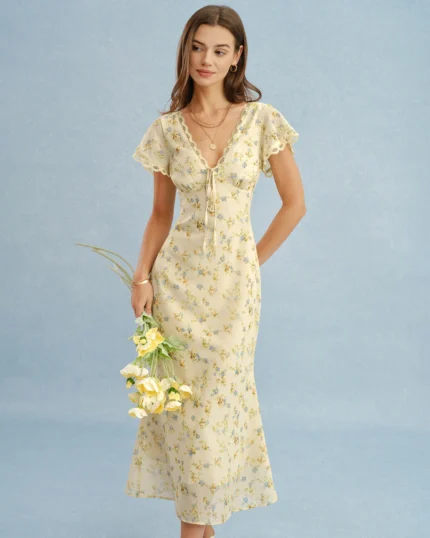 Yellow V Neck Lace Floral Maxi Dress